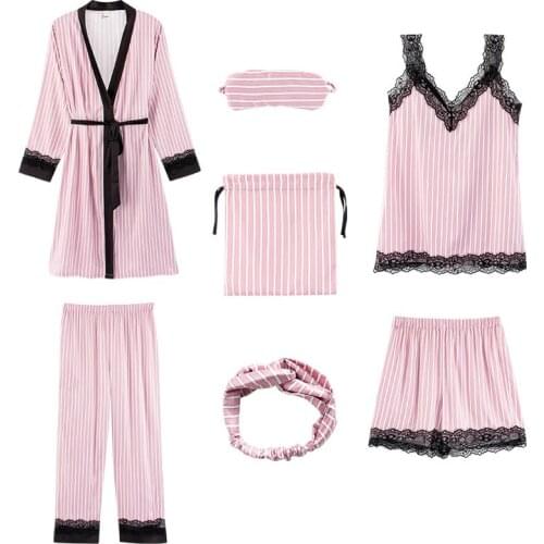 Lace sexy silk pajamas womens seven-piece ice silk pajamas high-density simulation silk loose large size pajamas