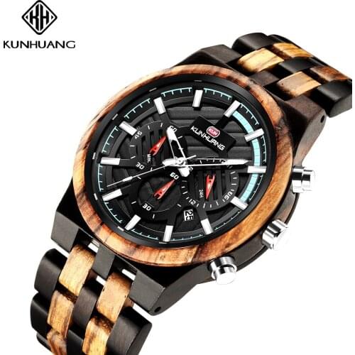 KUNHUANG Wooden Mens Watches Casual Fashion Wooden Chronograph Quartz Watches Sport Outdoor Military Watch Gift for Man