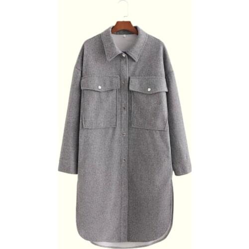 Women New Fashion Simplicity Grey Loose Jacket Coat Vintage Long Sleeve Pockets Female Outerwear Chic Overcoat