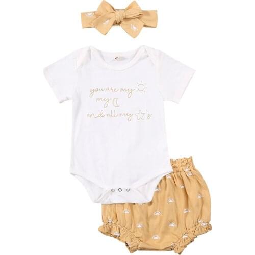 Summer Toddler Newborn Baby Girls 3Pcs Summer Outfits, Short Sleeve Letter Print Romper + Bloomers + Headband Set