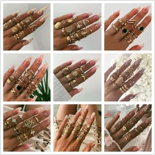 Fashion Vintage Golden Rings Set Women Crystal Star Flower Snake Ring for Women Charm Knuckle Rings Female Boho Jewelry anillo