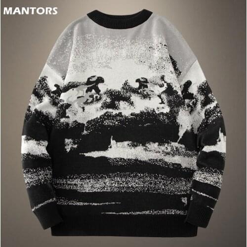 2021 Autumn Winter Mens Sweater Graffiti Print Knitted Sweater Men Long Sleeve O-neck Mens Pullover Oversized Male Sweaters 3XL
