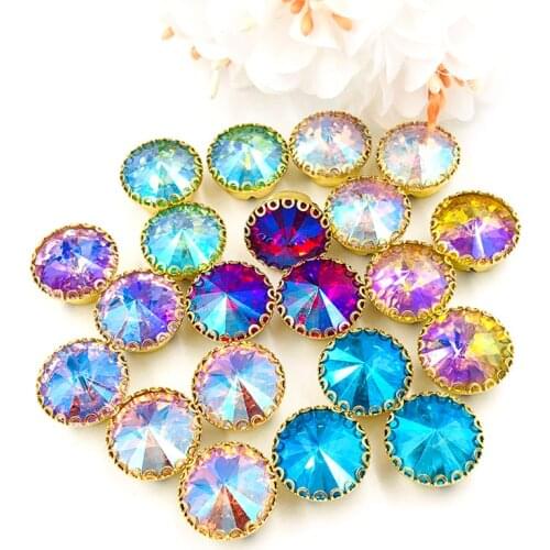 New arrival Round shape strass sew on rhinestones gold base lacy claw glass crystal rhinestone Diy clothing accessories 20pcs