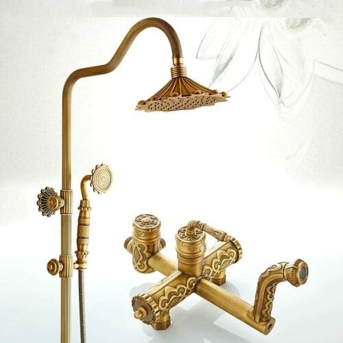 Full copper carved retro shower wall mounted antique bathroom shower set