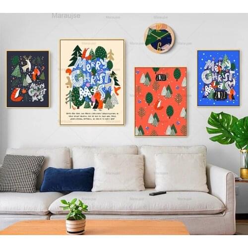 Christmas Wall Decor Cartoon Animal Plants Canvas Painting Nordic Wall Art Poster Print Pictures For Living Room Home Decor