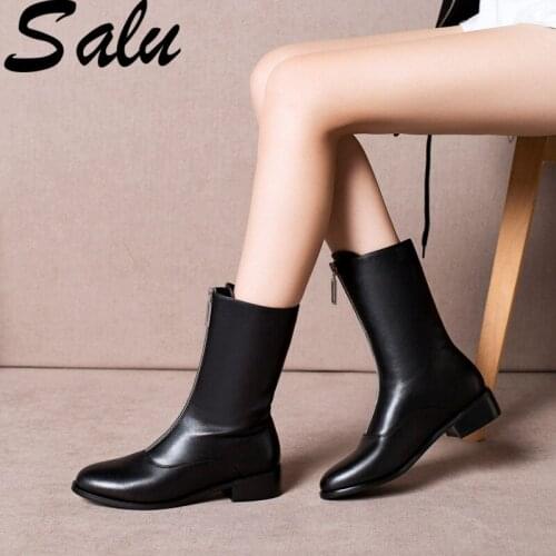 Salu Autumn Winter Boots Women Genuine Leather Ankle Boots Fashion Elegant Zipper Casual Shoes Woman Solid Round Toe Size 40