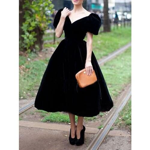 Retro Velvet Tea Length Prom Dresses 2021 V Neck Short Sleeve Formal Evening Dress Zipper Back Robe De Soiree