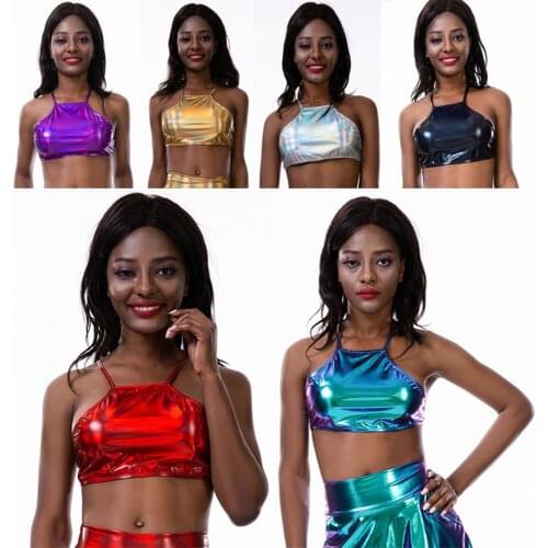 Ensnovo Womens Shiny Metallic Tops Halter Strappy Crop Tops Vest Club Rave Stage Nightclub Show Costume Beach Swimsuit