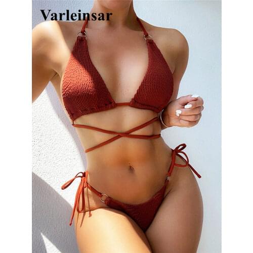 Wrinkled Halter Strappy Wrap Around Bikini Female Swimsuit Women Swimwear Two-pieces Bikini set Bather Bathing Suit Swim V3076
