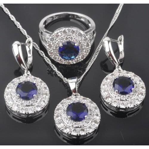 Blue Stone Cubic Zirconia Womens Wedding Silver Color Jewelry Sets Earring And Necklace Sets Pendant Rings QZ0269
