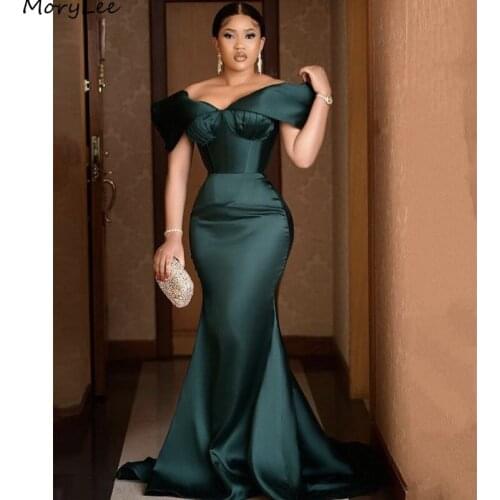 Prom Dresses Green V-Neck Off The Shoulder Mermaid Satin Pleated Prom Dresses With Zipper Back vestidos de fiesta de noche