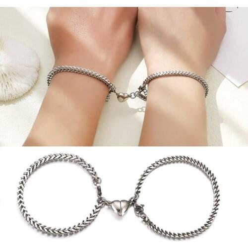 2Pcs/Set Heart shaped Magnet attraction Bracelet for couples Stainless steel Cuba chain mens and womens charm Jewelry gifts