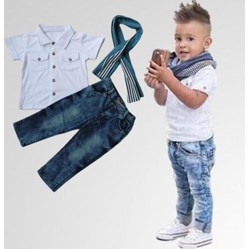 2018 kid baby boy clothes handsome male child fashion 3 children clothing set t-shirt jeans scarf