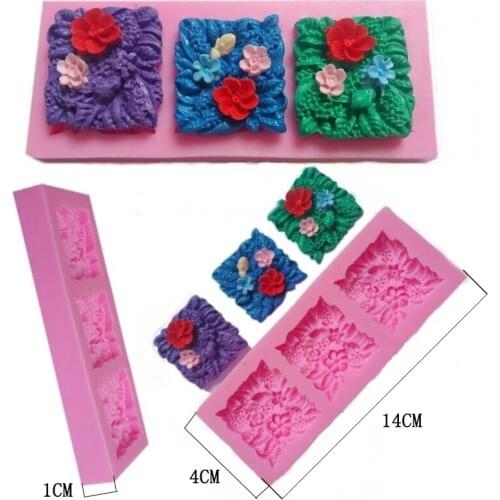 3 hole square flower silicone mold fondant soap molds DIY Mold Chocolate Baking Non-stick Gift Pudding Pastry Mould Tools 50-66