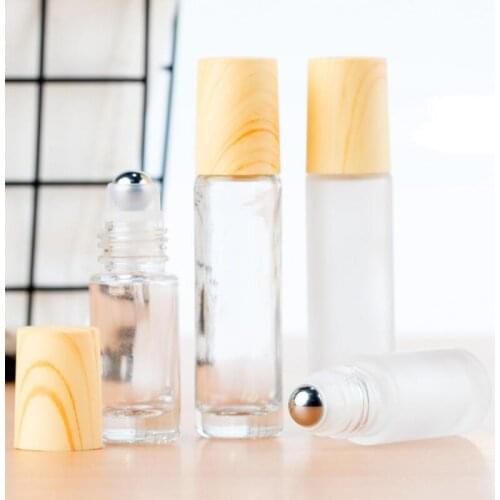 5ml 10ml Stainless Steel Roller Ball Bottle Wood Cap Essential Oil Aromatherapy Dispenser Roll On Glass Bottle LX2639