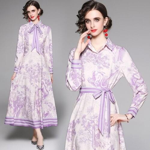 Banulin Fashion Autumn Spring Runway Long Party Dress Woman Long Sleeve Floral Print Holiday Beach Maxi Dress with Belt N67740