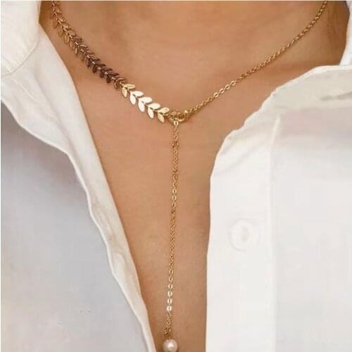 Simple temperament Necklace personality fishbone clavicle chain fashion imitation pearl pendant necklace neck chain woman