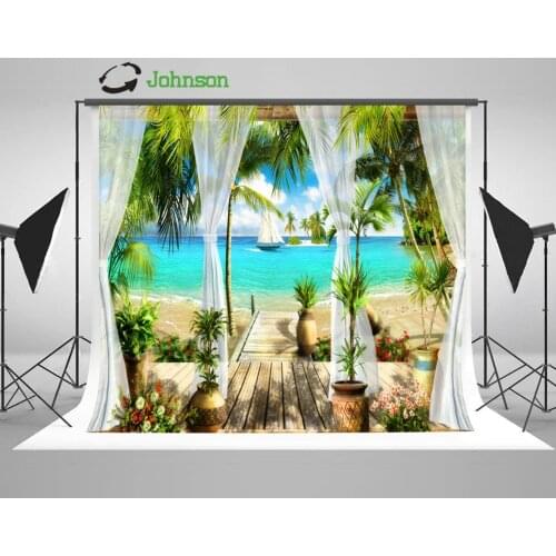 Sea Beach Ship Tull Curtains Tree Coastal Patio photo backdrop polyester or Vinyl cloth Computer print wedding background