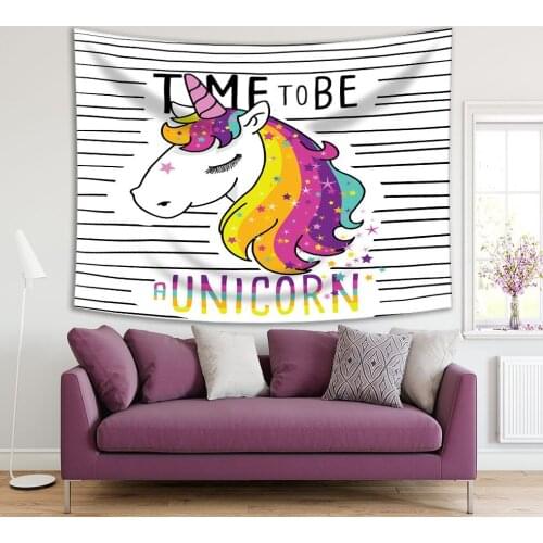 Tapestry "Time to be A Unicorn" Colorful Cute Magical Unicorn Cartoon Strips on Stars Childish Designed Yellow Pink blue Kids