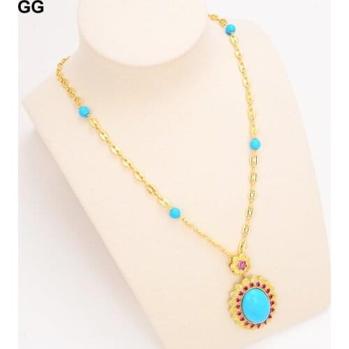 GuaiGuai Jewelry Blue Round Turquoises Gold Color Plated Chain Blue Jades Red CZ Crystal Pendant Necklace 18" For Women