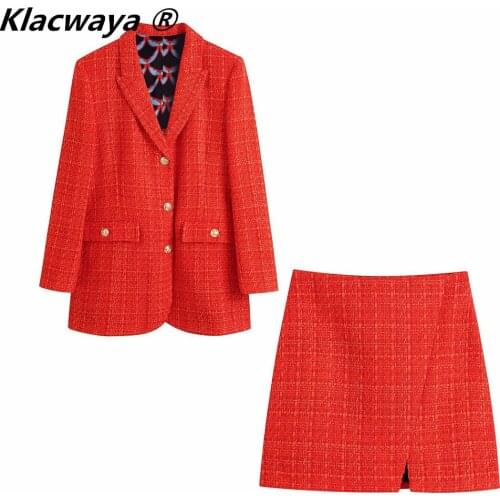 Klacwaya 2021 Women Fashion Two-Piece Set Vintage Print Lining Tweed Blazer Coat Female Front Slit Tweed Mini Skirt Chic Suit