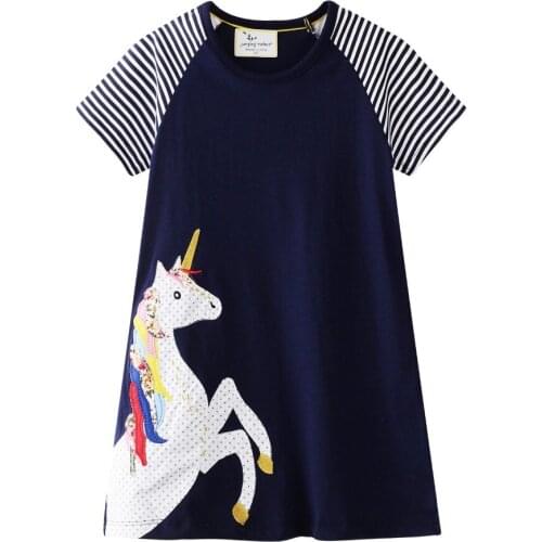 Girls O-neck Short Sleeve Casual Unicorns Print Colo Patchwork Summer A-line Dresses 100% Cotton Streetwear Top Dresses