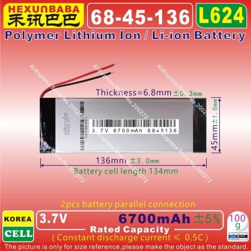 [L624] 3.7V 6700mAh [6845136] Polymer lithium ion / Li-ion battery for tablet pc,E-BOOK;POWER BANK