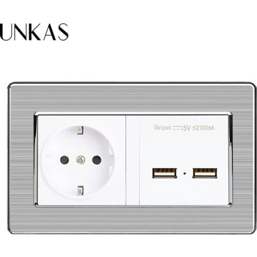 UNKAS EU Standard Wall Power Socket With Dual USB Smart Induction Charge Port For Mobile 5V 2.1A Stainless Steel Panel