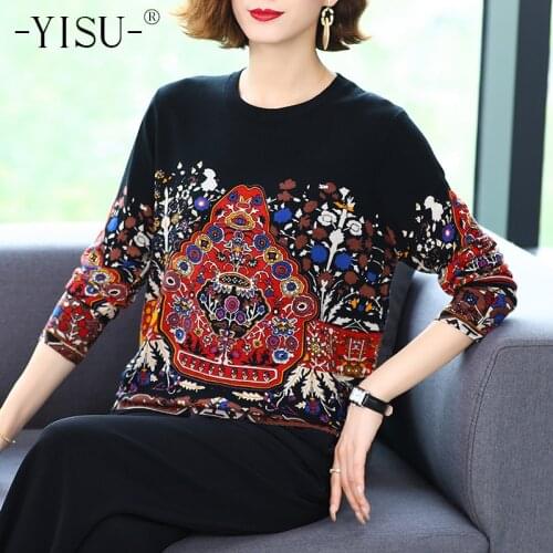 YISU 2020 Autumn Winter knitted Sweater Women Printed Pullover O-neck Long Sleeve Knitted Jumper Soft Sweater Women