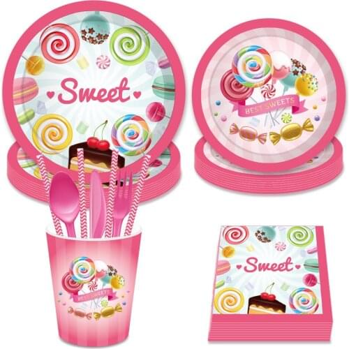 Lollipop Party Theme Supplies Paper Tablecloth Cup Plate Caps Napkins Birthday Party Decorations Kids Lollipop Party Gift Bags