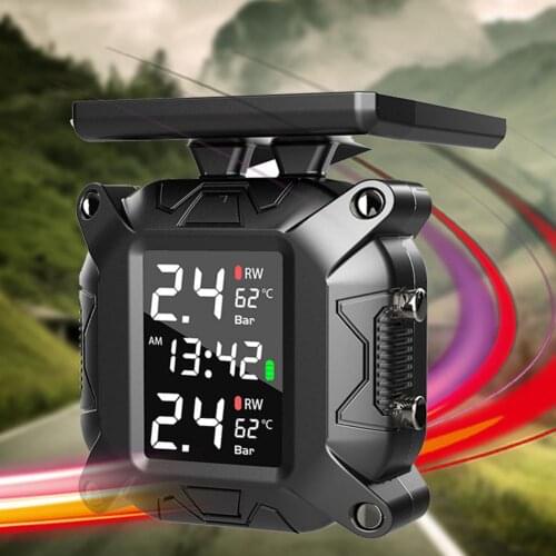 Solar Charging Motorcycle TPMS Motor Tire Pressure Tyre Temperature Monitoring Alarm System With 2 External Sensors