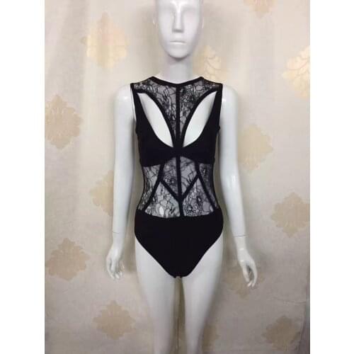 Must Have Black Sexy Lace Design Sleeveless Bandage Bodycon Bodysuit High Quality Wholesale
