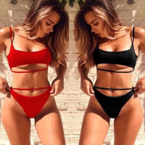 Sexy Bikini Set Women Solid Bandage Bikinis Hollow Swimwear Summer Lady High Cut Swimsuit Tube Top Bathing Suit Female Beachwear