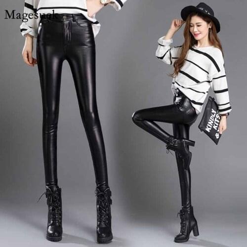 Thicken Velvet Womens Pu Trousers 2020 Autumn and Winter Fashion New Korean Style Warm Leggings High Waist Slim Pu Pants 11501