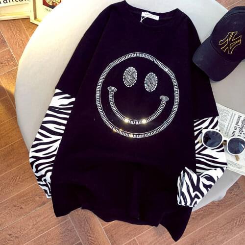 100% Cotton Hot Drilling Zebra Pattern Stitching Long-sleeved Fake Two-piece T-shirt Women Spring 2021 Harajuku Loose T-shirt