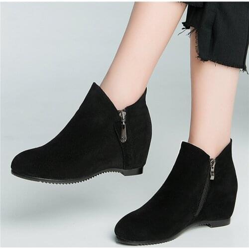 Women Genuine Leather Height Increasing Ankle Boots Female Low Top Round Toe Party Platform Pumps Shoes Casual Shoes US size 3-9