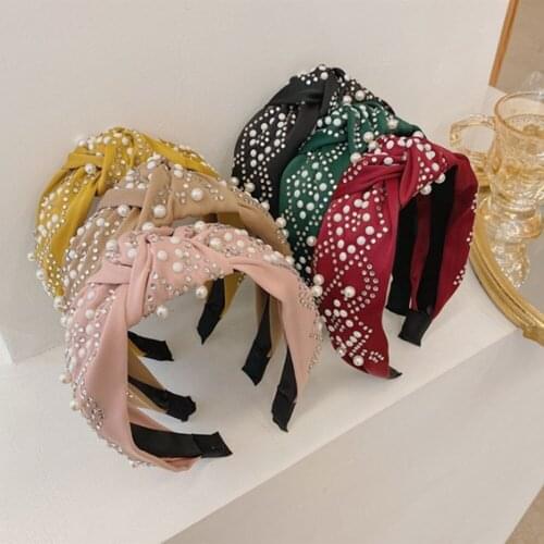 Fashion hair accessories womens solid color bow headbands with knotted fabric and beaded headband wild girl hair band headwear