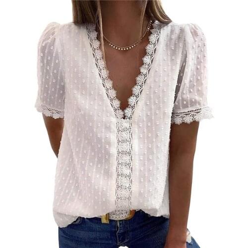 Women Office Ladies Sleeve Lace Dots Blouses Shirts Solid Short Hollow Out Slim Sexy Casual Blouse Tops Shirts Elegant Blouse