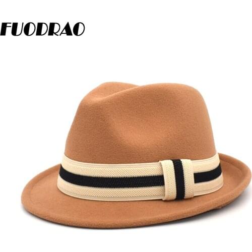 FUODRAO Autumn Winter Women Fedora Hats Wool Elegant Cowboy Hat Ribbon Vintage Jazz Hat Men Outdoor Travel Cap F119