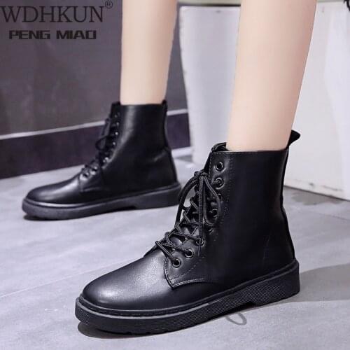 2021 Black Platform Combat Ankle Boots For Women Lace Up Buckle Strap Woman Shoes Winter Biker Boots Big Size 40