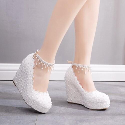 Woman Wedges Wedding Shoes Pumps Sweet White Flower Lace Pearl Platform Bride Dress High Heels