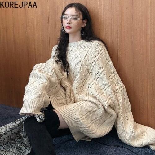 Korejpaa Women Pullover 2021 Autumn Korea Sweet Fashion Ladies Round Neck Linen Pattern Loose Long Sleeve Thick Knit Sweater