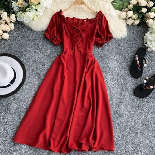 2021 Women Fashion Short Puff Sleeve Slash Neck Ruffles Drawstring Dress Casual Solid Slim Vestidos 6 Colors