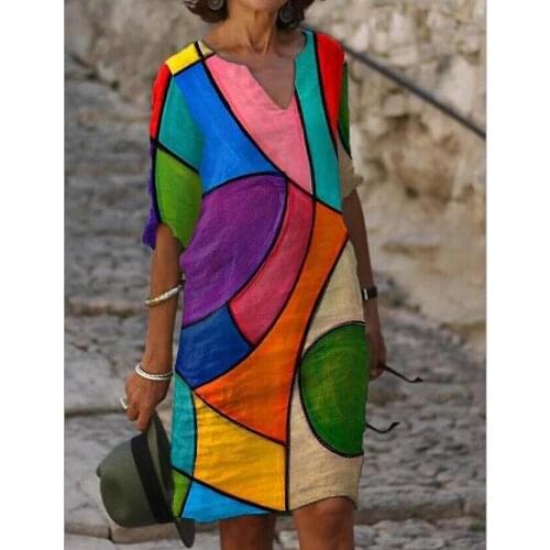 Women Printing Dress Fall 2021 Summer Half Sleeve A-Line Dresses Female Retro litera Vintage Loose Lady Dress