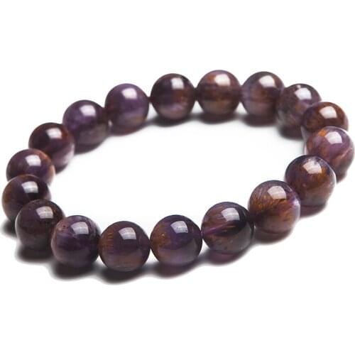 12mm Natural Purple Golden Rutilated Quartz Crystal Bracelets For Women Femme Cacoxenite Round Beads Stretch Charm Bracelet