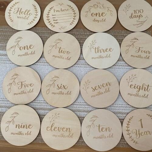 16pcs Wooden Baby Month Milestone Card Newborn Birth Month Birthday Milestone Wooden Teether Baby Kids Photography Props Toy