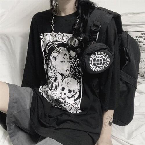 2020 summer Goth Loose Black Women T-shirts Gothic Punk Harajuku cartoon Peint T-shirts Halloween Party Long Tops Female T-shirt