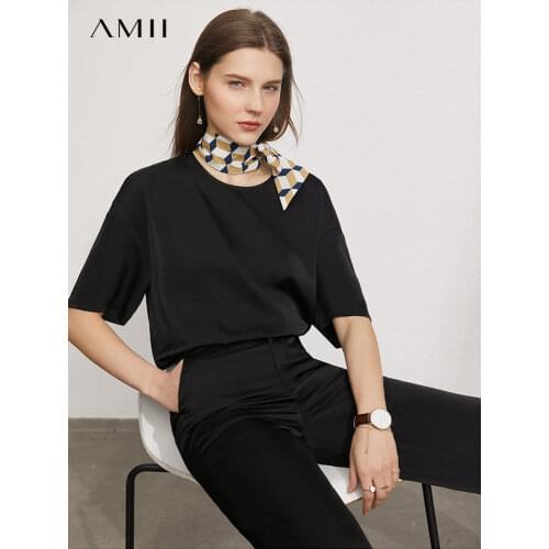 AMII Minimalism Summer Womens Suit Fashion Loose Tshirt High Waist Wide Leg Pant Office Lady Casual Women Clothing Set 12170365