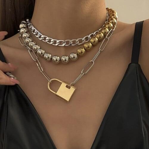 Trendy Gold Color Lock Pendant Bead Chain Necklace For Women Fashion Coin Lock Key Chain Necklace Jewelry Gifts