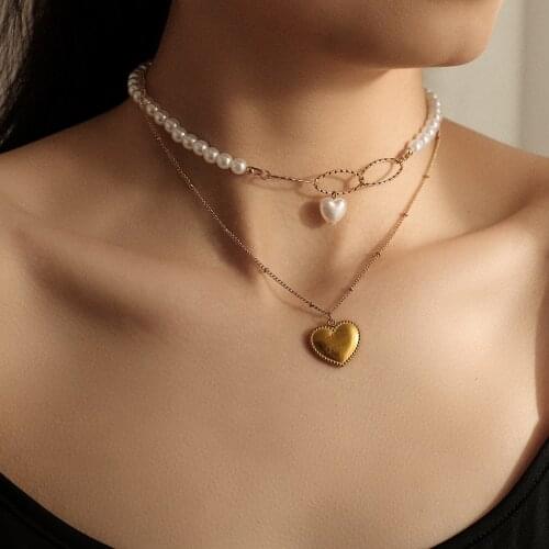 XIYANIKE 316L Stainless Steel 2 Layer Gold Color Heart Necklace Pearl Chain Choker 2021 Pendants For Women Fashion Party Jewelry